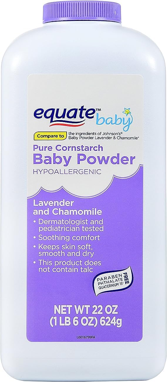 Equate baby powder bottle pouring with lavender chamomile scent for daily skincare