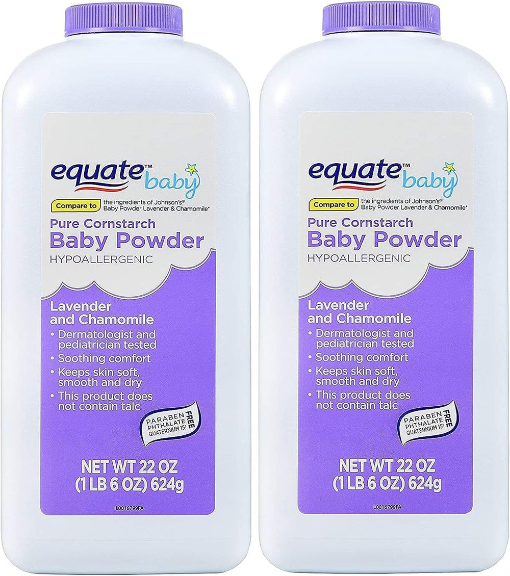 Equate lavender chamomile powder bottle pour for gentle, quick-drying baby care.
