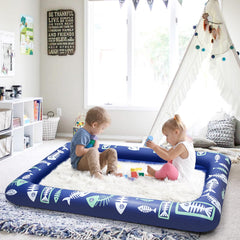 EQURROY toddler inflatable bed blue inflated and ready for camping stay