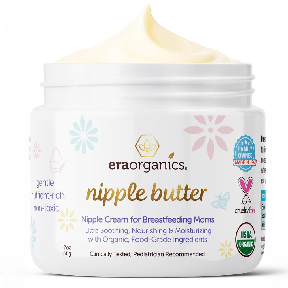 Era Organics nipple butter tub with label indicating USDA Organic ingredients for postpartum skincare