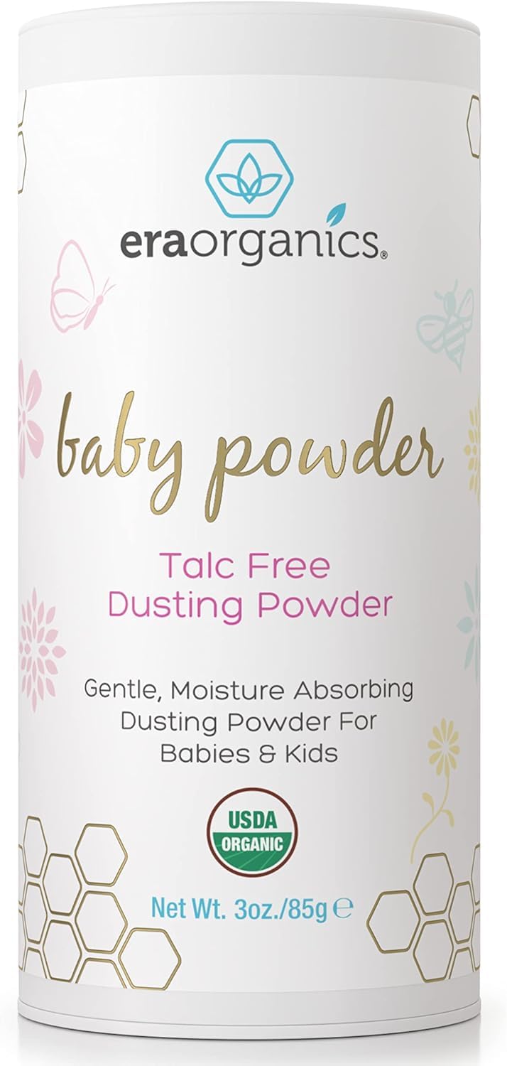 Era Organics talc-free baby powder bottle front for gentle, fragrance-free moisture protection