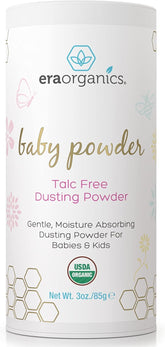 Era Organics talc-free baby powder bottle front for gentle, fragrance-free moisture protection