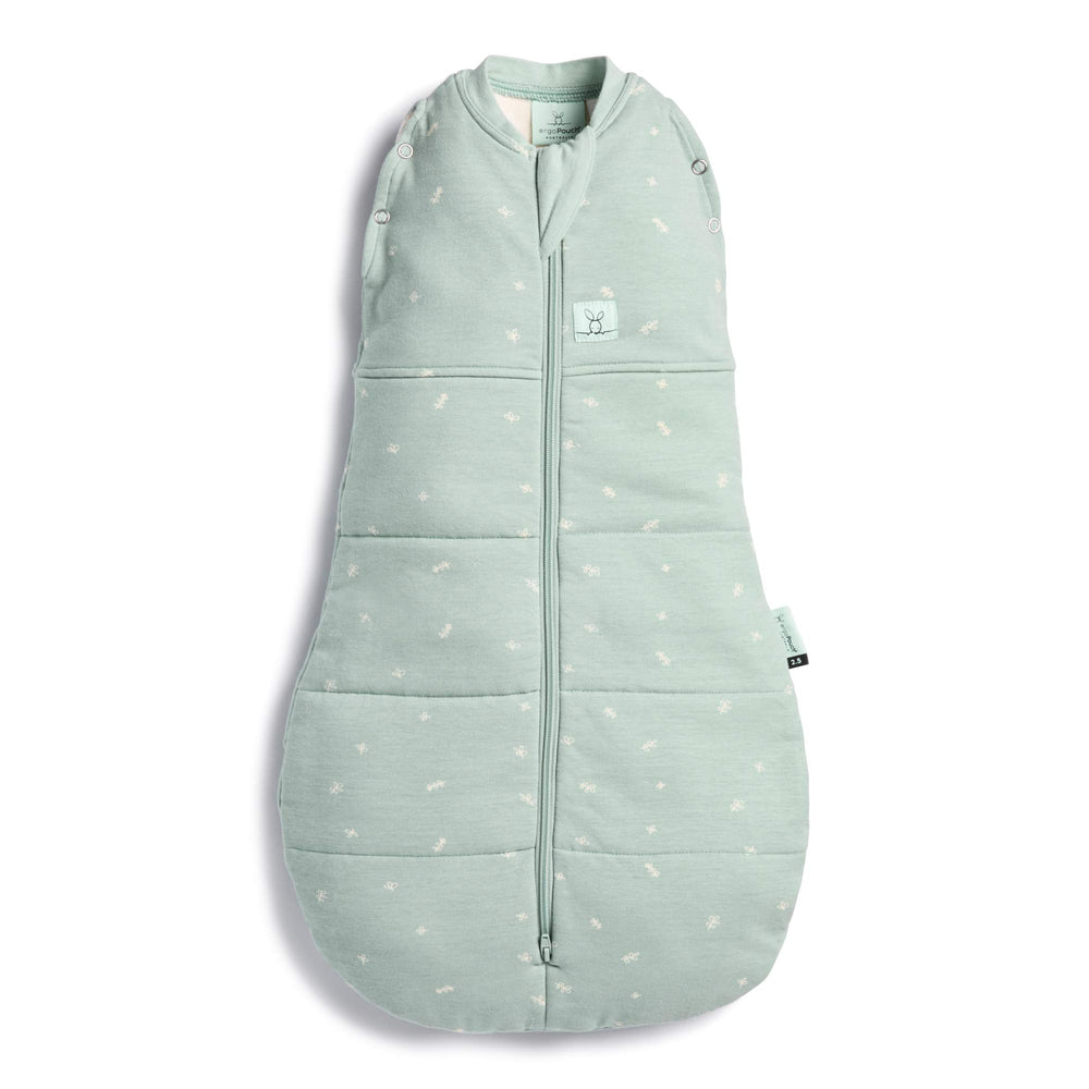 ergoPouch Cocoon Swaddle Sack 0.2 TOG Sage on baby for gentle arms-in transition.
