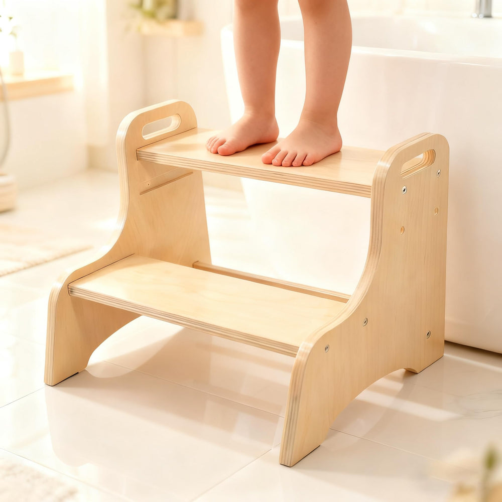 Erizhaltic toddler step stool front view shows sturdy wood and height adjustability for kids