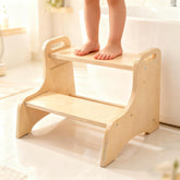 Erizhaltic toddler step stool front view shows sturdy wood and height adjustability for kids