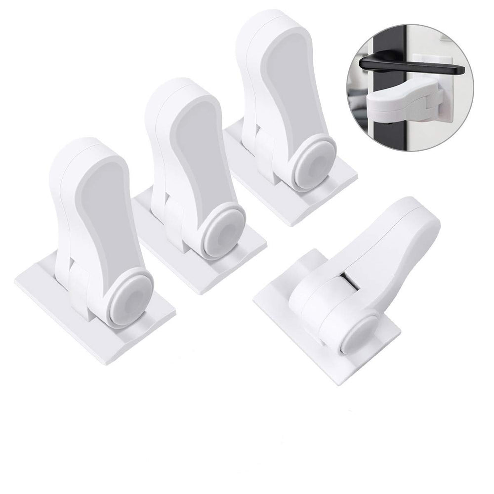 Erockbuy door lever lock pack-4 closeup demonstrates secure baby proofing in use.
