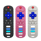 ERSIHUA remote teether blue demonstrating safe silicone design for teething relief