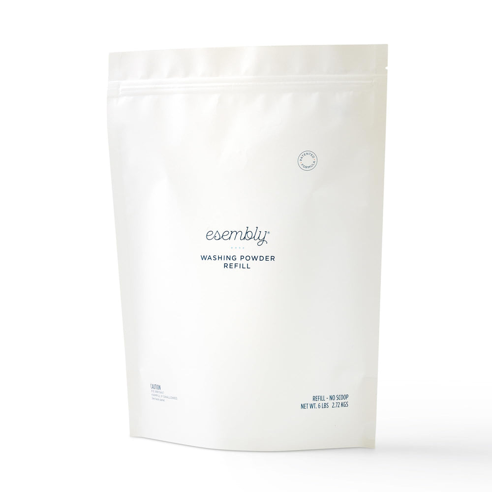 Esembly Laundry Powder refill bag in biodegradable packaging supports eco-friendly laundry.