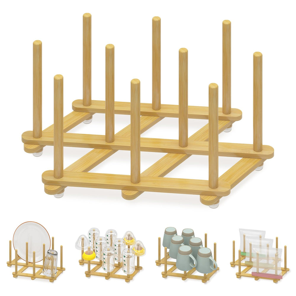 EsLuker.ly bamboo bottle drying rack folded for compact storage and portability.