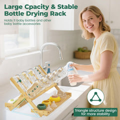 EsLuker.ly two-tier dryer demonstrates top capacity for 11 bottles and accessories.