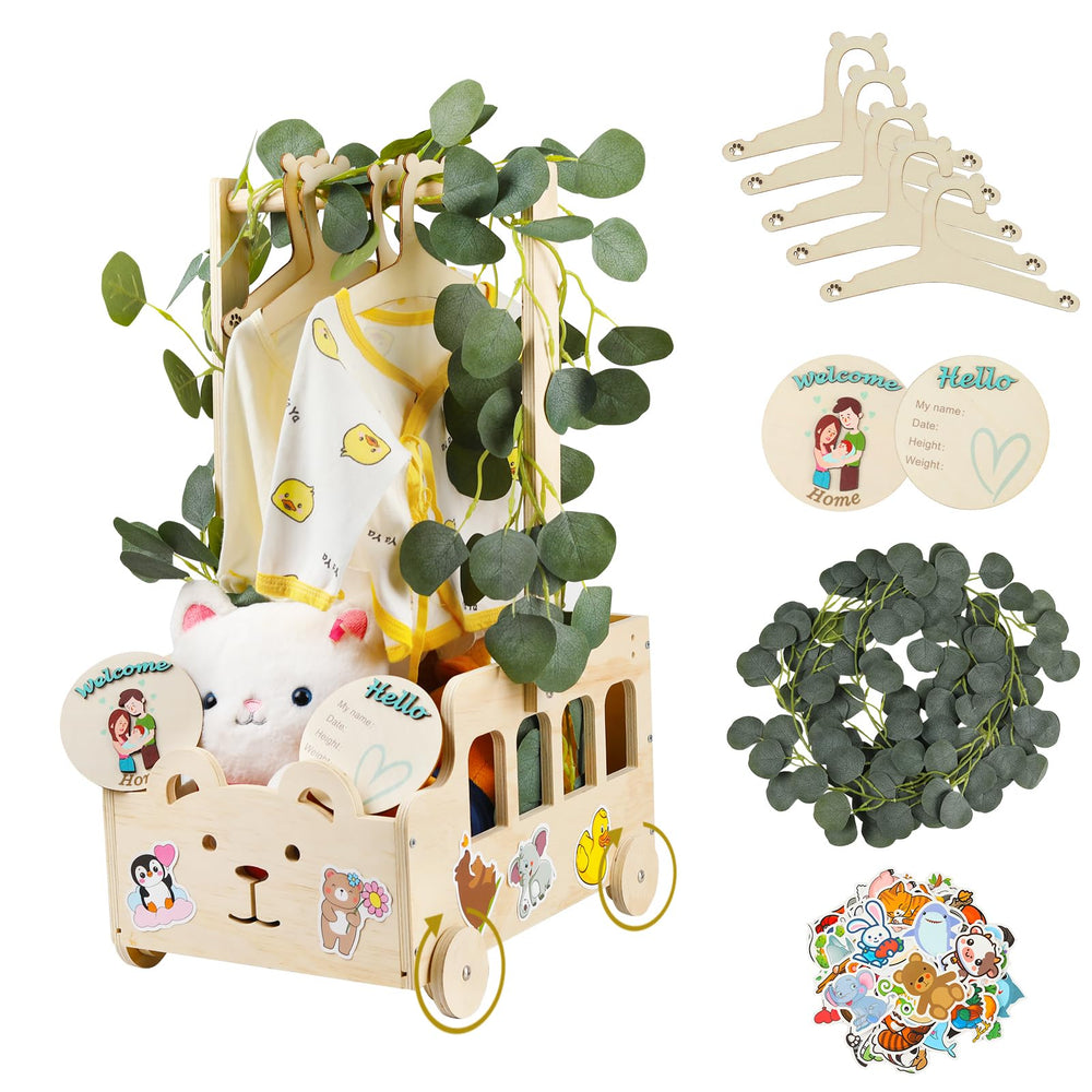 Esmorah wooden baby shower crate with rolling wheels as a mobile centerpiece