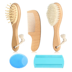 Esonto wooden goat bristle baby brush in blue for gentle scalp care.