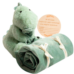 Essentials Ibiza baby lovey green dinosaur front view offering cozy security for newborn cuddles