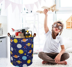 Essme boys hamper showcases space-themed room decor and stores plush toys.