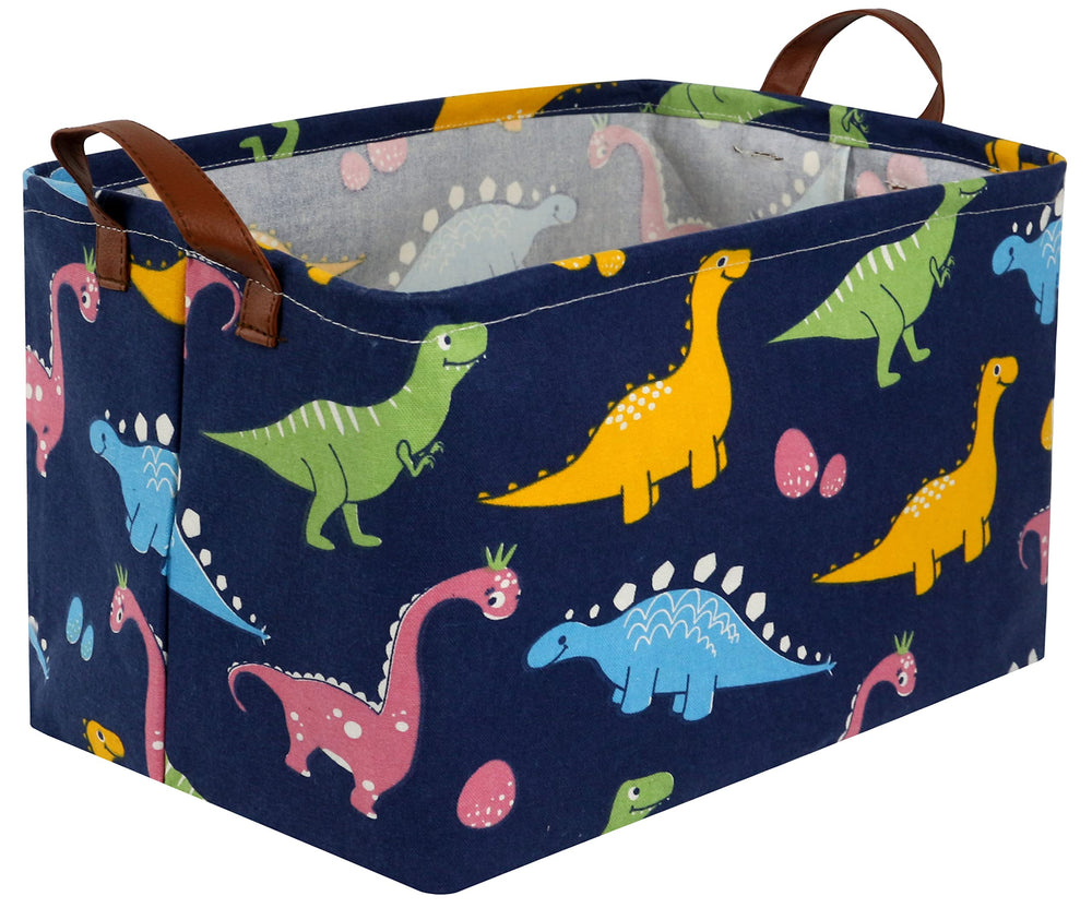 Essme dinosaur basket front view with sturdy leather handles for easy transport