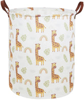 Essme giraffe hamper side view shows sturdy canvas for nursery storage.