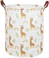 Essme giraffe hamper side view shows sturdy canvas for nursery storage.