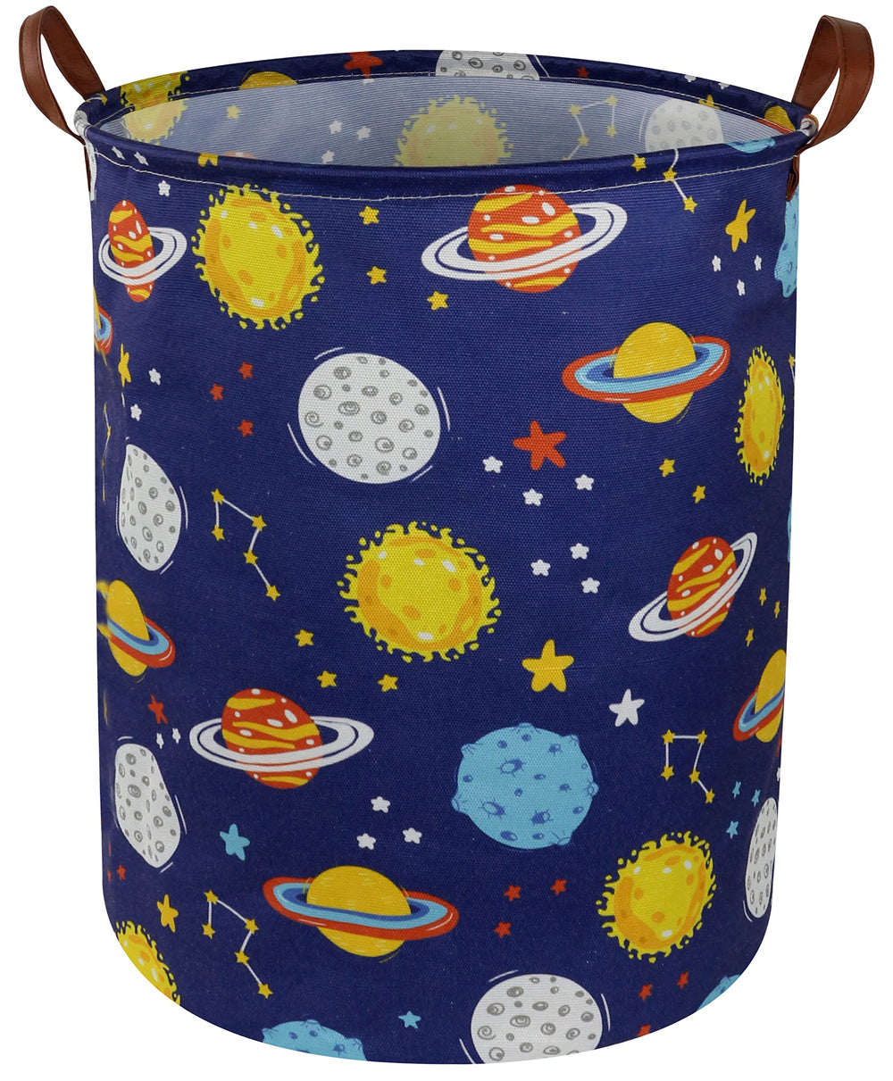 Essme Kids Laundry Basket with dinosaur pattern for playful toy storage in a space-themed room.