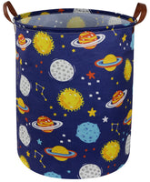 Essme Kids Laundry Basket with dinosaur pattern for playful toy storage in a space-themed room.