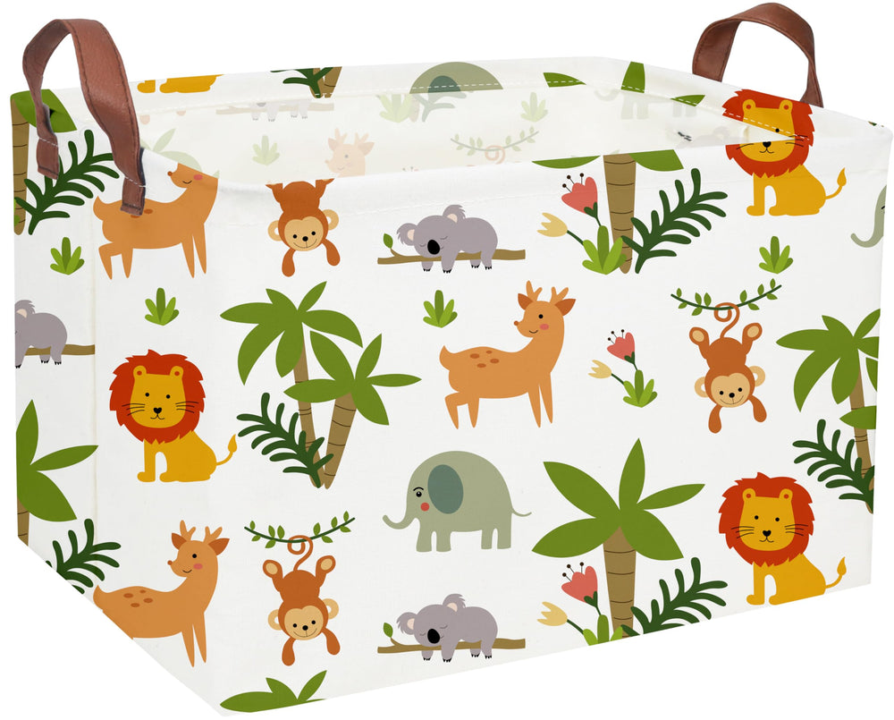 Essme rectangular animals storage basket green front view with sturdy handles for easy nursery organization.