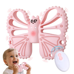 ETETOO Vibrating Teether pink closeup shows safe silicone and soothing vibration for sensitive gums