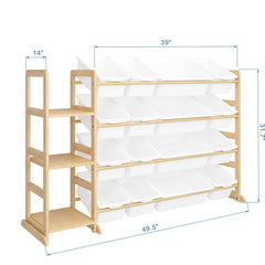 Etitlly toy storage 16-cell bins and shelves organize books and toys efficiently.