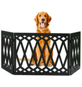 Etna 3-panel diamond design wood pet gate blocks doorway with stylish indoor-outdoor appeal
