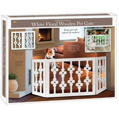 Etna White Floral Pet Gate is fully assembled and ready to block doorways.