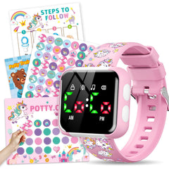 Etuwoe potty watch unicorn pink on wrist encourages timely bathroom breaks.