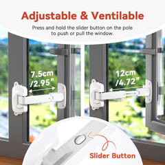 EUDEMON adjustable-length window lock showing two opening lengths for flexible fit.