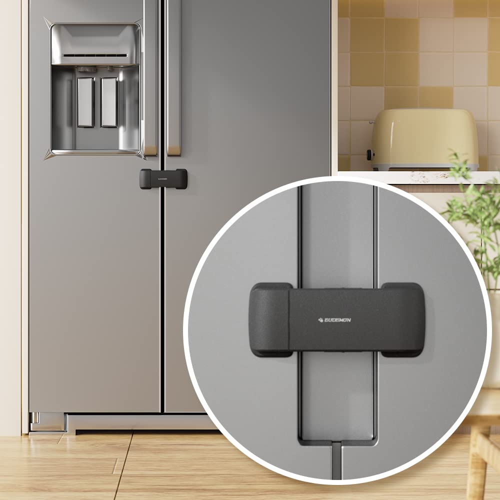 EUDEMON fridge lock detailed view showing tape-backed mechanism for kid safety