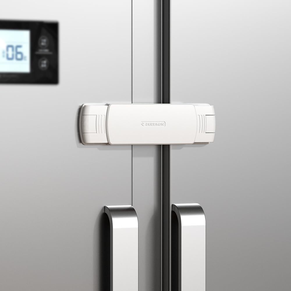 EUDEMON fridge lock white front view highlights tool-free safety for families.