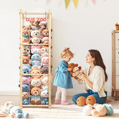 EULXSUD wooden toy organizer elastic cords enable quick plush display and rotation.