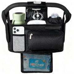 Eutopic universal stroller organizer with insulated cup holder keeps drinks within reach during strolls.