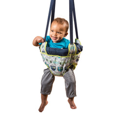 Evenflo Exersaucer Owl Door Jumper clamp attachment demonstrates quick tool-free setup.