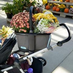 Evenflo Stroller Market Basket Gray Sky loaded with groceries on a family trip