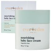 Evereden Nourishing Baby Face Cream packaging close-up shows clean ingredients for gentle baby care.