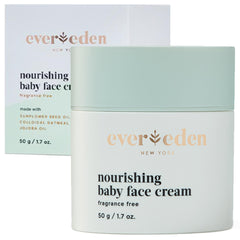 Evereden Nourishing Baby Face Cream packaging close-up shows clean ingredients for gentle baby care.