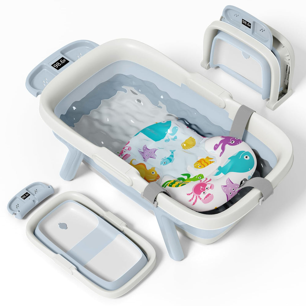 EverKiddo collapsible bathtub in blue shows spacious design for comfortable newborn baths.