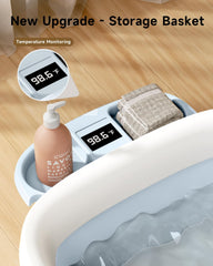 EverKiddo blue tub with thermometer display supports safe water temperature during baths.