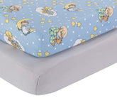 Everyday Kids 2-pack crib sheets in blue-yellow Precious Moments design for soft, breathable baby sleep.