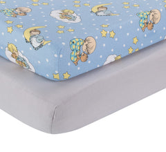 Everyday Kids 2-pack crib sheets in blue-yellow Precious Moments design for soft, breathable baby sleep.
