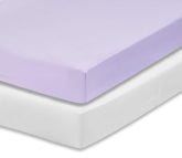 Everyday Kids 2-pack fitted crib sheets folded in white and lavender for easy styling