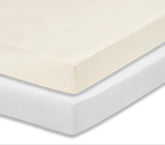 Everyday Kids 2-pack fitted crib sheets packshot in white and beige for cozy nursery styling