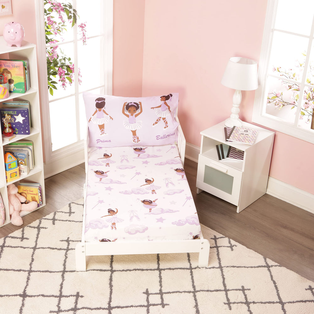 EVERYDAY KIDS African American Ballerina Toddler Sheets Set fabric closeup shows soft microfiber for gentle sleep