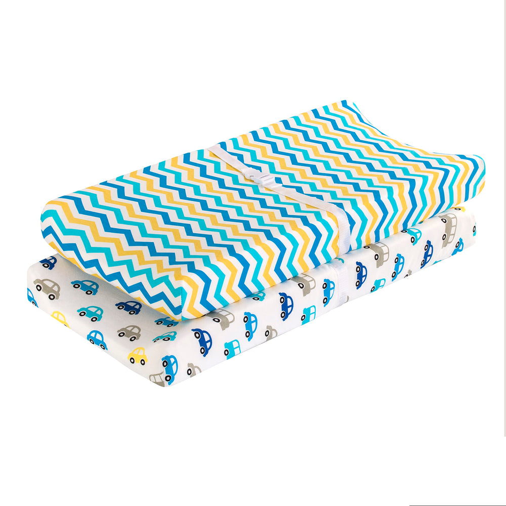 EVERYDAY KIDS changing pad cover yellow blue cars highlights breathable, soft-jersey knit comfort for baby diaper changes.