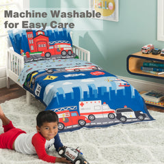 Everyday Kids fire-police-rescue comforter bed setup with bold colors