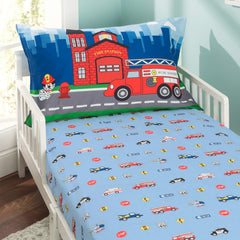 Everyday Kids Fire Police Rescue fitted sheet on toddler bed for secure fit