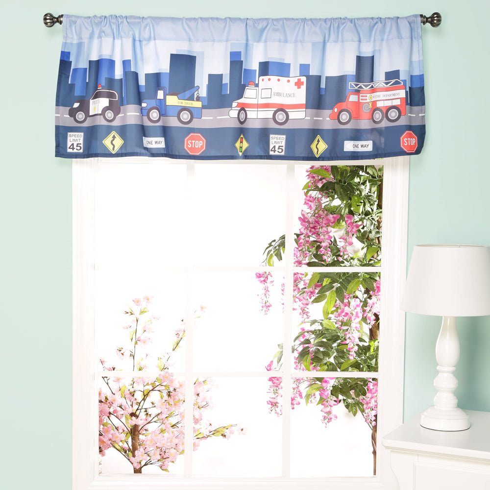 EVERYDAY KIDS first responder valance with firetruck brightens a toddler room and fuels imaginative play.