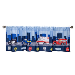 EVERYDAY KIDS first responder valance featuring police car adds bold color to playroom and storytelling moments.